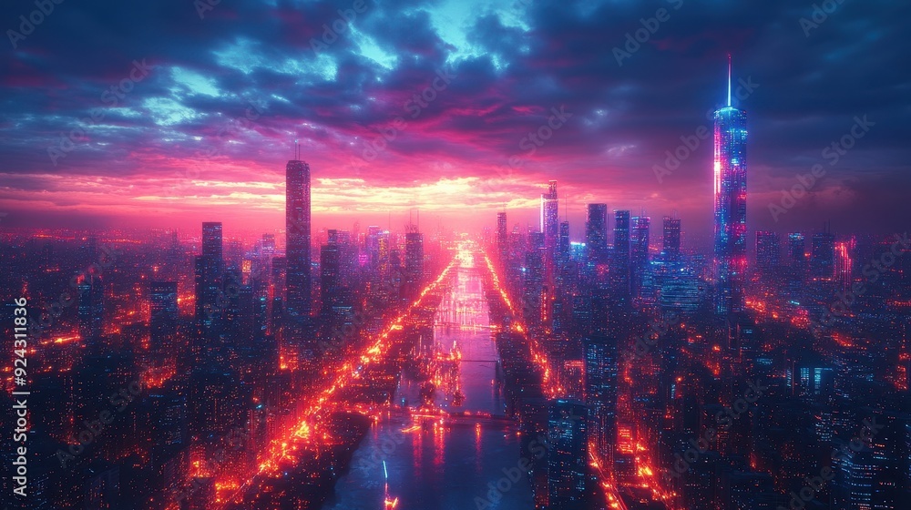 Obraz premium Neon Cityscape at Sunset