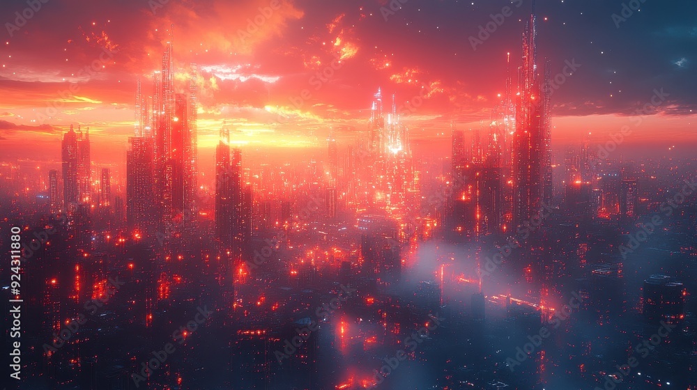 Futuristic Cityscape at Sunset with Red Sky Futuristic Cityscape at Sunset with Red Sky