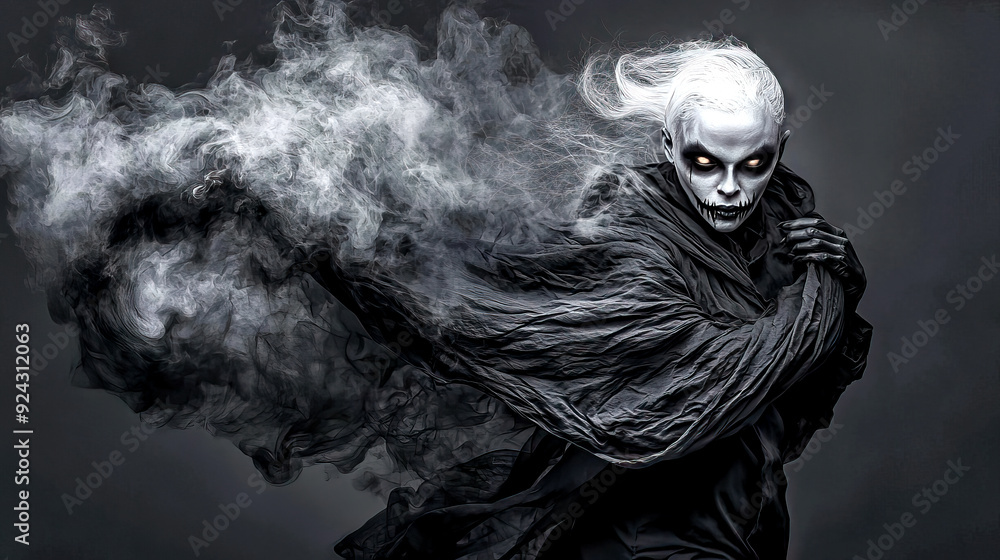 Creepy sinister ghost trailing dark smoke behind, skull makeup glowing eyes spectral grim reaper, nightmare phantom Creepy sinister ghost trailing dark smoke behind, skull makeup glowing eyes spectral grim reaper, nightmare phantom