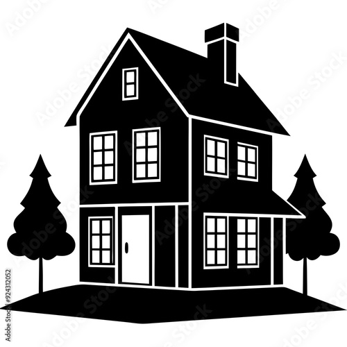 house isolated on white, house vector illustration, Two story house vector art, house silhouette, house vector icon, bilding cartoon line art, eps