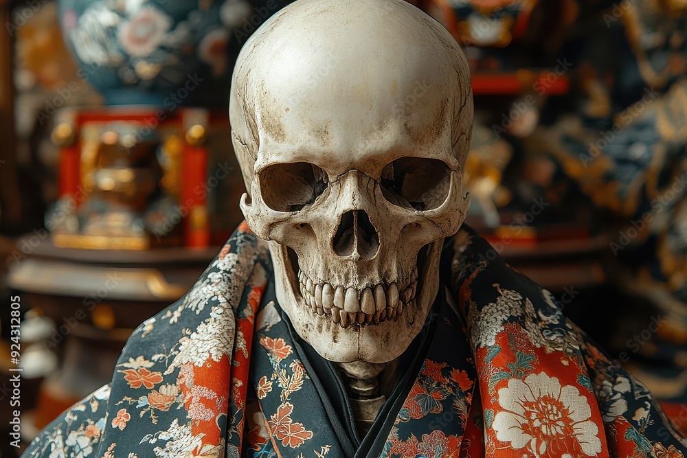haunting figure of japanese grim reaper skeleton draped in ornate kimono intricate floral patterns on fabric contrast with bleached bones eerie yet beautiful fusion of tradition and macabre haunting figure of japanese grim reaper skeleton draped in ornate kimono intricate floral patterns on fabric contrast with bleached bones eerie yet beautiful fusion of tradition and macabre