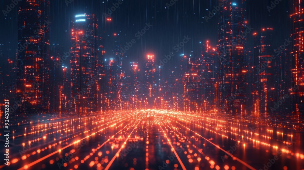 Futuristic Cityscape with Glowing Lights and Digital Network Futuristic Cityscape with Glowing Lights and Digital Network