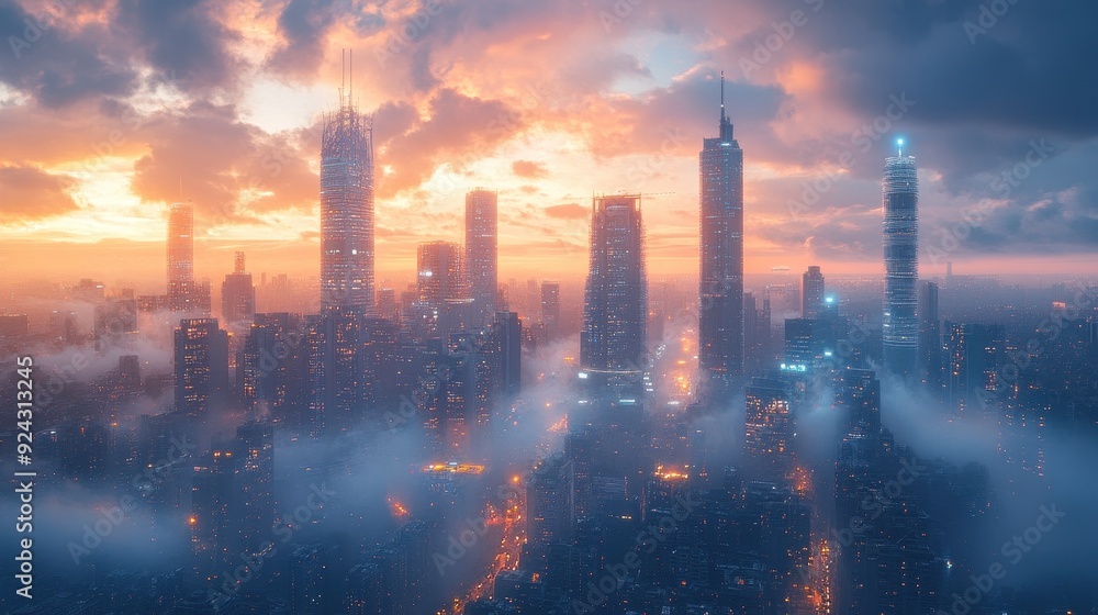 Fototapeta premium Cityscape Skyline with Fog and Sunset