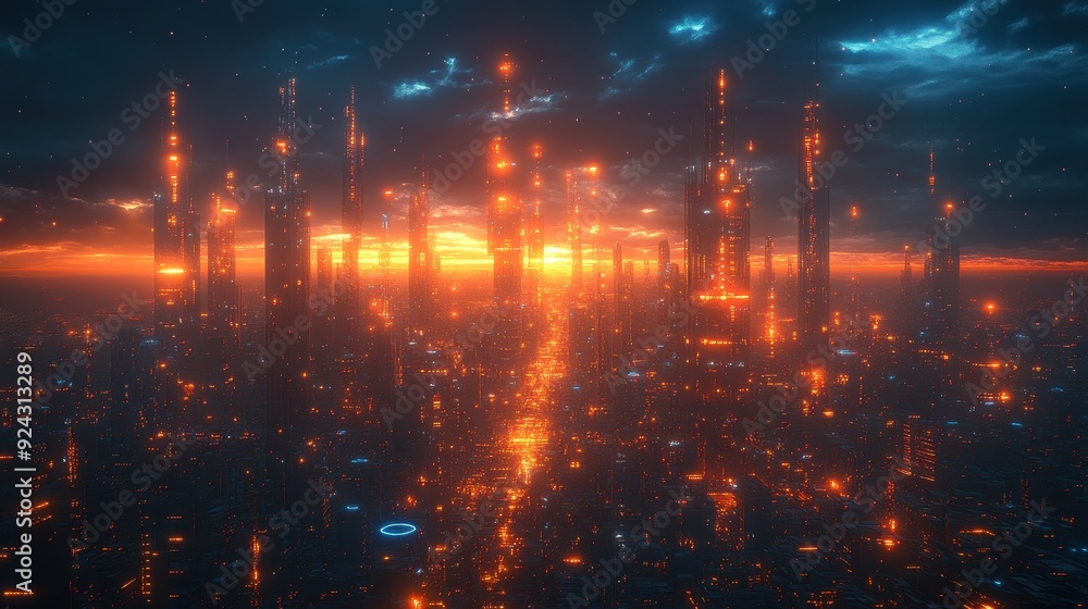 Fototapeta premium Cyberpunk Cityscape at Sunset