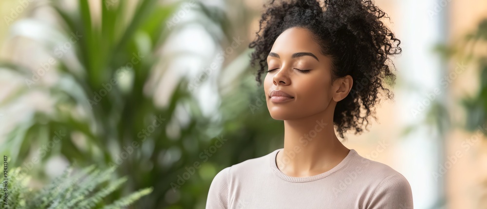 Serene woman practicing mindfulness meditation at home, eyes closed, surrounded by indoor plants. Relaxation and mental wellness concept. Serene woman practicing mindfulness meditation at home, eyes closed, surrounded by indoor plants. Relaxation and mental wellness concept.