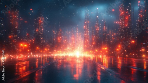 Futuristic Cityscape with Neon Lights and Rain