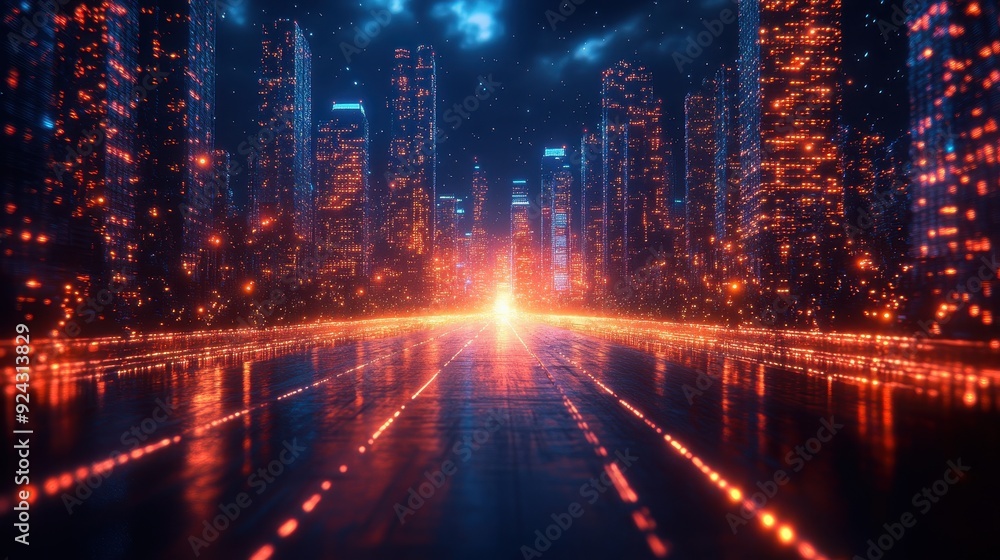 Fototapeta premium Futuristic Cityscape with Glowing Lights and Empty Road