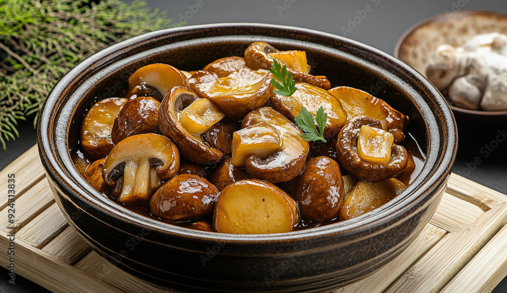 A bowl of braised shiitake mushrooms A bowl of braised shiitake mushrooms