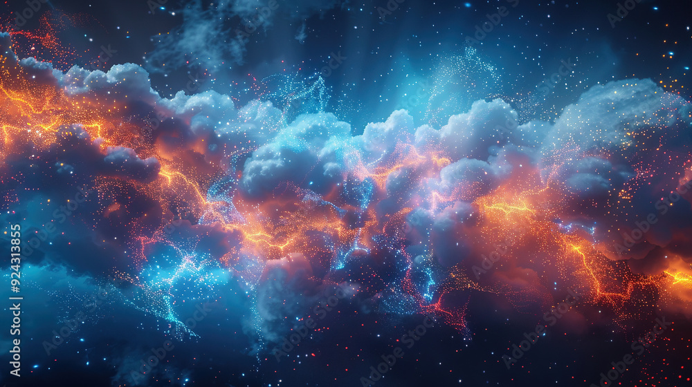 Abstract cloud shapes and data points in blue, orange, red colors on dark background. Abstract cloud shapes and data points in blue, orange, red colors on dark background.
