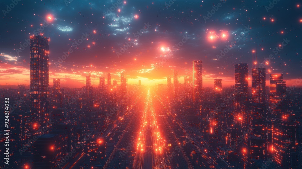 Fototapeta premium Futuristic Cityscape at Sunset with Glowing Lights