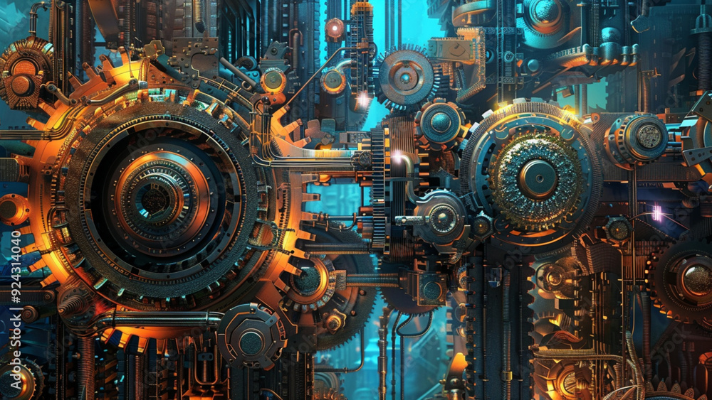 Abstract Industrial Factory with Dense Network of Metal Gears and Intricate Mechanical Parts Abstract Industrial Factory with Dense Network of Metal Gears and Intricate Mechanical Parts