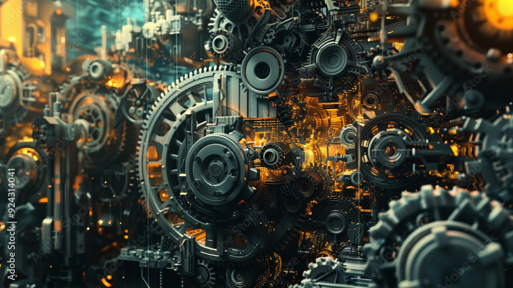 Abstract Industrial Factory with Dense Network of Metal Gears and Intricate Mechanical Parts Abstract Industrial Factory with Dense Network of Metal Gears and Intricate Mechanical Parts