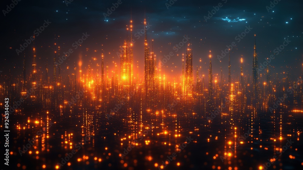 Fototapeta premium Futuristic Cityscape with Glowing Lights and Starry Sky