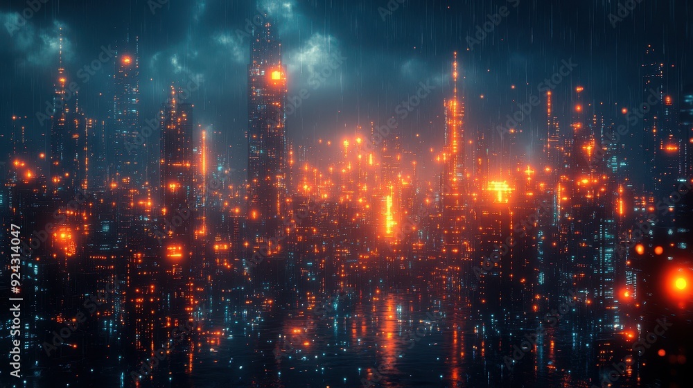 Fototapeta premium Futuristic Cityscape with Rain and Neon Lights