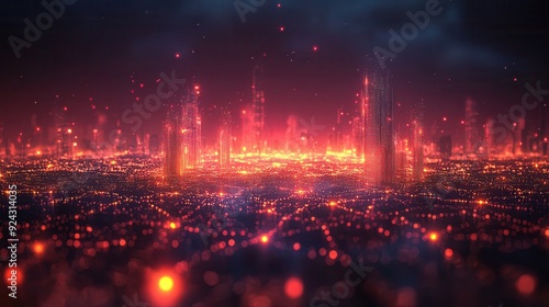 Futuristic Cityscape at Night with Red Lights