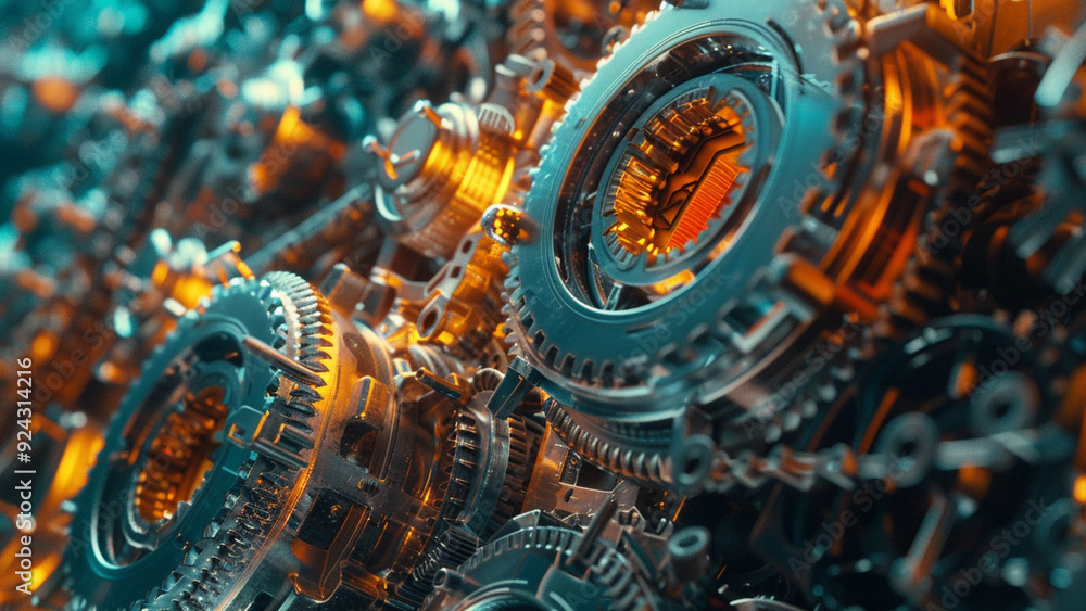 Fototapeta premium Abstract Industrial Factory with Dense Network of Metal Gears and Intricate Mechanical Parts