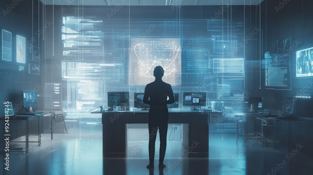 Silhouette of a Man in a Futuristic Office with Digital Projections Silhouette of a Man in a Futuristic Office with Digital Projections