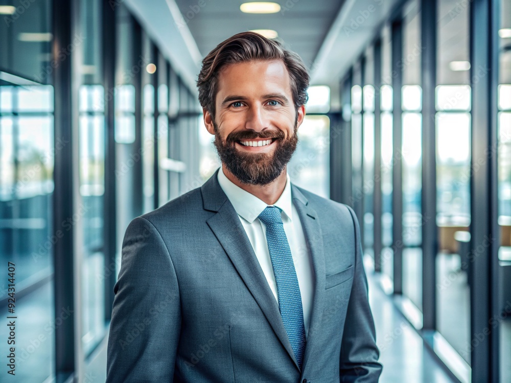 Confident smiling businessman with beard stands in modern office hallway, looking directly at camera, conveying professional leadership and approachability in a crisp executive attire. Confident smiling businessman with beard stands in modern office hallway, looking directly at camera, conveying professional leadership and approachability in a crisp executive attire.