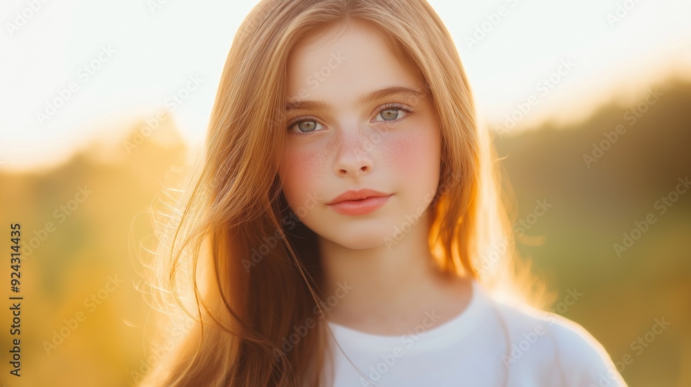 A young girl with long brown hair poses softly in a sunlit field during golden hour. A young girl with long brown hair poses softly in a sunlit field during golden hour.