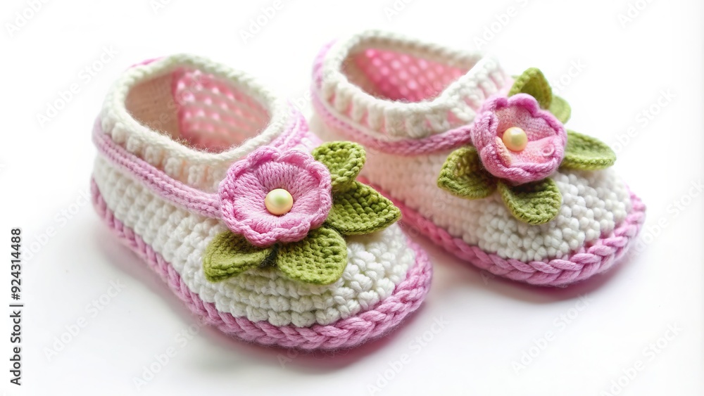 Adorable handmade crochet flower baby girl shoes or booties on a white background, symbolizing innocence and cuteness, perfect for newborn photography and milestone celebrations. Adorable handmade crochet flower baby girl shoes or booties on a white background, symbolizing innocence and cuteness, perfect for newborn photography and milestone celebrations.