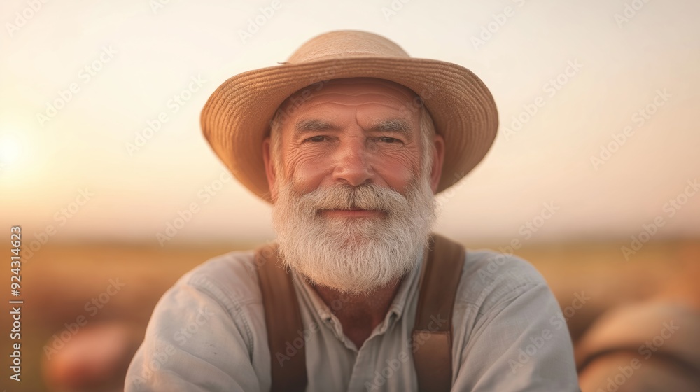 Elderly farmer smiling in a golden field during sunset, showcasing the joy of harvest and rural life. Elderly farmer smiling in a golden field during sunset, showcasing the joy of harvest and rural life.