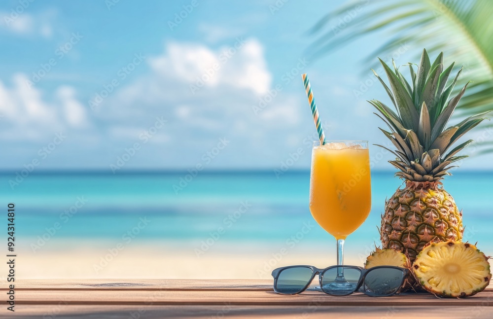 Obraz premium Tropical summer background with pineapples, sunglasses