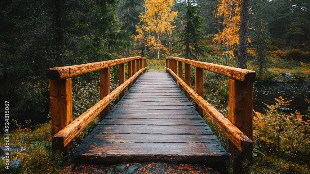 Obraz premium Horizontal Wide Wooden Footbridge, Featuring a Broad and Sturdy Design Over a Scenic Path
