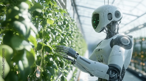 Robot tending to plants in a greenhouse photo