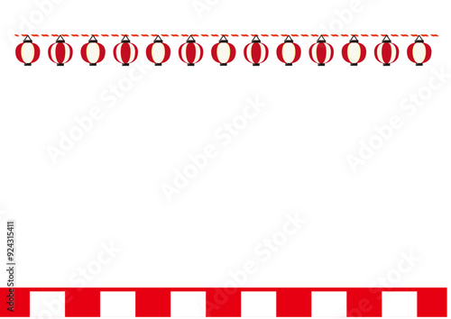 日本のお祭りの赤い提灯と紅白の幕のフレーム