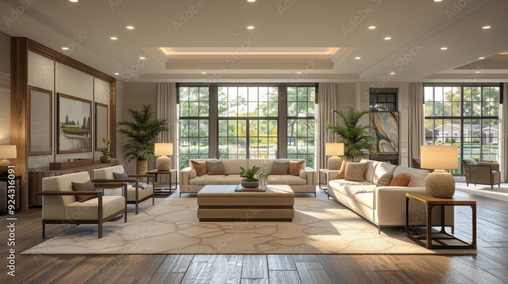 Fototapeta premium A warm and welcoming living room with elderly people engaging in activities, caregivers assisting with daily tasks, and a calm, comforting atmosphere
