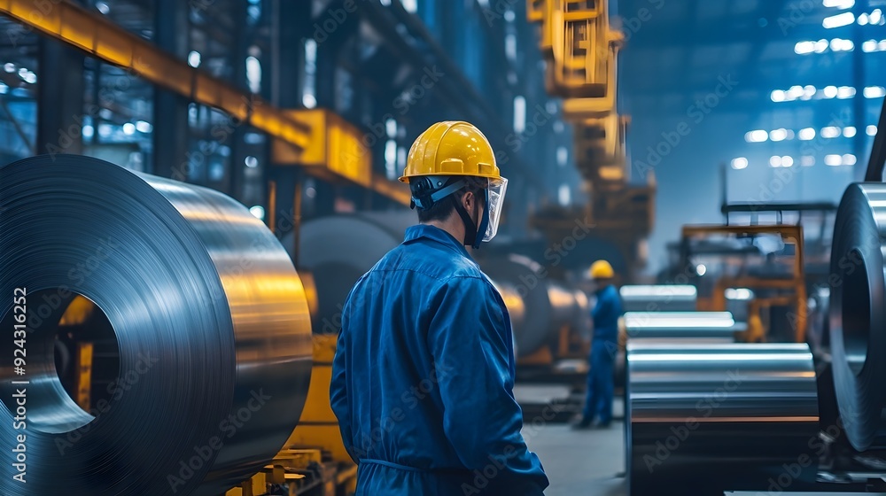Steel Sheet Rolling Process Overseen by Protective Gear Clad Workers in Manufacturing Plant Steel Sheet Rolling Process Overseen by Protective Gear Clad Workers in Manufacturing Plant