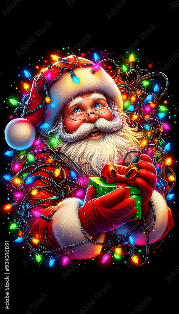 Santa Claus Tangled in Colorful Christmas Lights - Perfect for Holiday Cards Santa Claus Tangled in Colorful Christmas Lights - Perfect for Holiday Cards