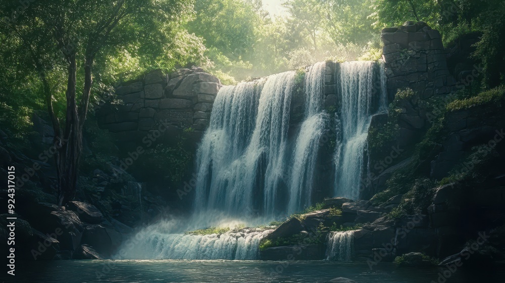 Majestic Waterfall Cascading Through Lush Green Forest Majestic Waterfall Cascading Through Lush Green Forest