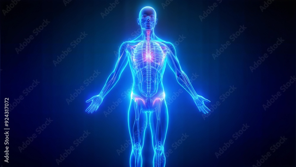 Neon 3D image of full-length hologram of a human body on a blue background highlighting the brain and heart
Neon 3D image of full-length hologram of a human body on a blue background highlighting the brain and heart