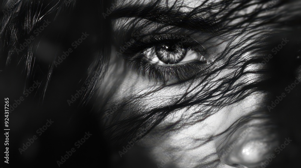 Obraz premium Close-up of a Woman's Eye with Windblown Hair in Black and White