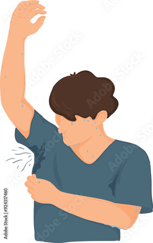 Drawing of a man sweating profusely Stinky own armpits. Man has a bad body odor problem. Dirty armpits.vector illustration. 