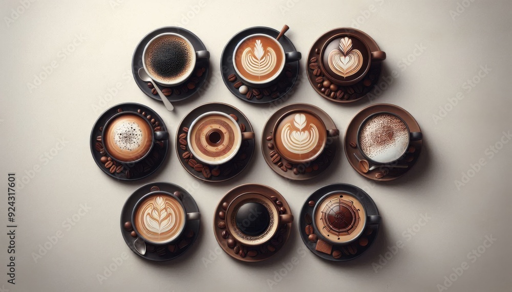 top up view of different coffee on the table, type of coffee top up view of different coffee on the table, type of coffee