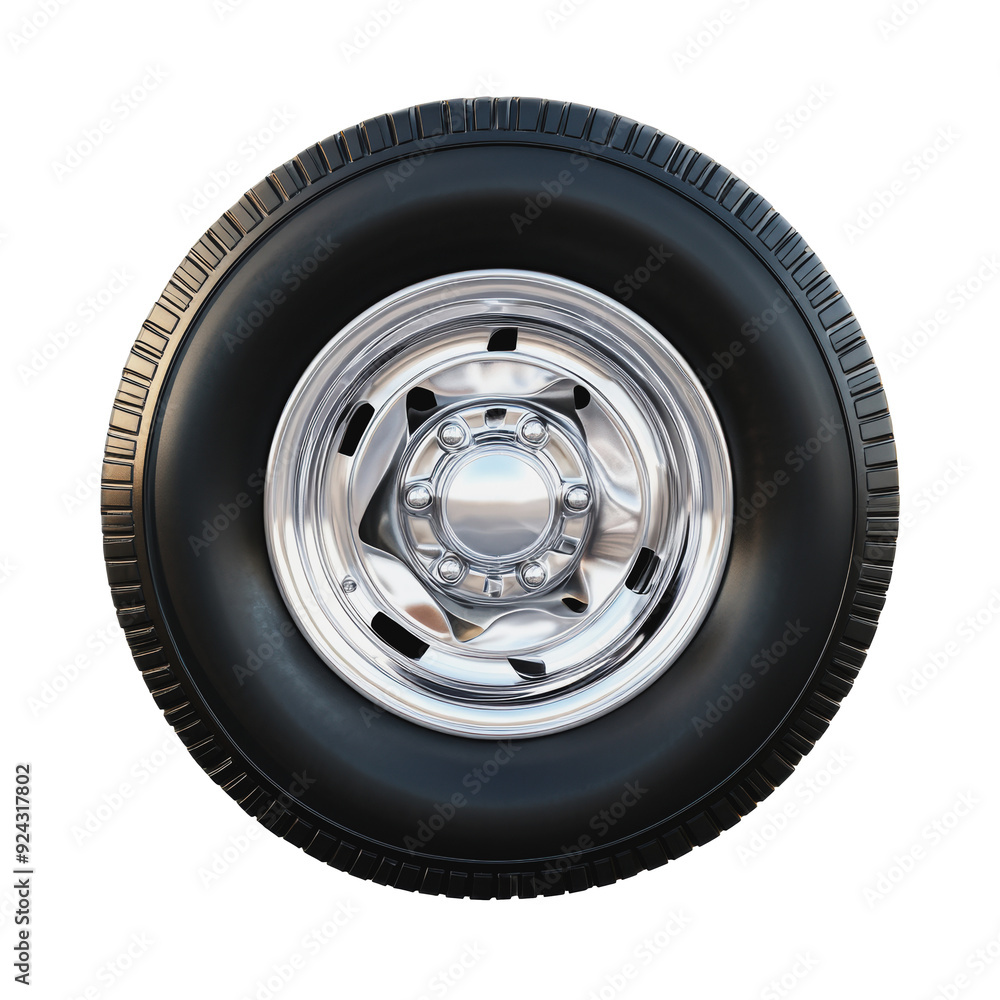 Obraz premium PNG Close-up of a silver alloy wheel with a black tire on a white background