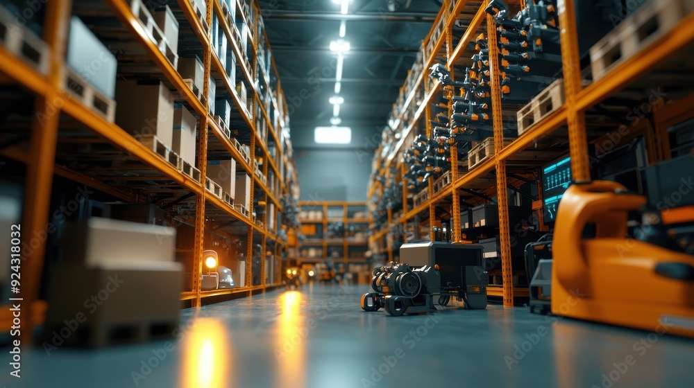 An expansive warehouse with towering shelves stocked with cutting-edge technology, including drones, AI-powered devices, and sleek machinery. The lighting casts a soft glow on the equipment, An expansive warehouse with towering shelves stocked with cutting-edge technology, including drones, AI-powered devices, and sleek machinery. The lighting casts a soft glow on the equipment,