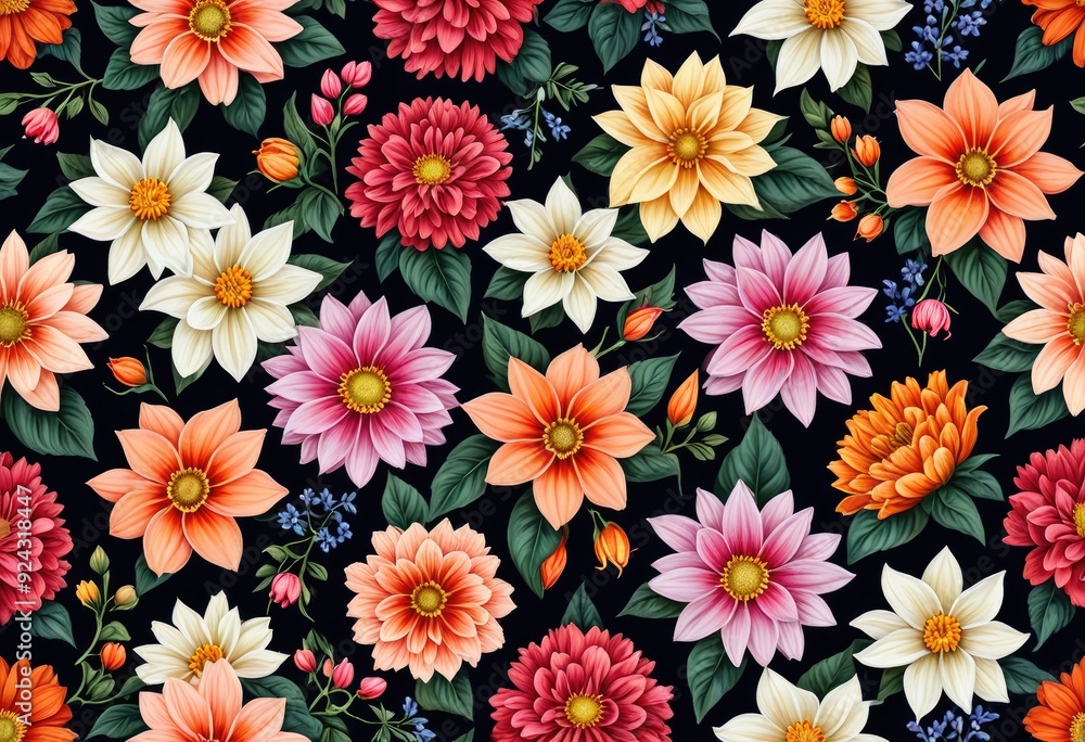 seamless pattern of realistic, vibrant flowers in full bloom with a dark background to highlight their colors. seamless pattern of realistic, vibrant flowers in full bloom with a dark background to highlight their colors.