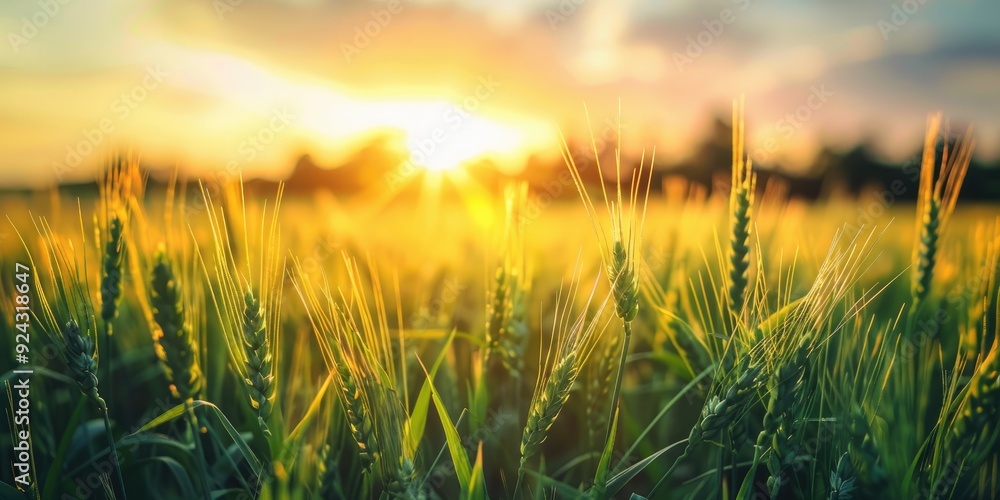 Fototapeta premium Bright sunlight on a green wheat field Sparkling grass under the sun s rays Wide angle view