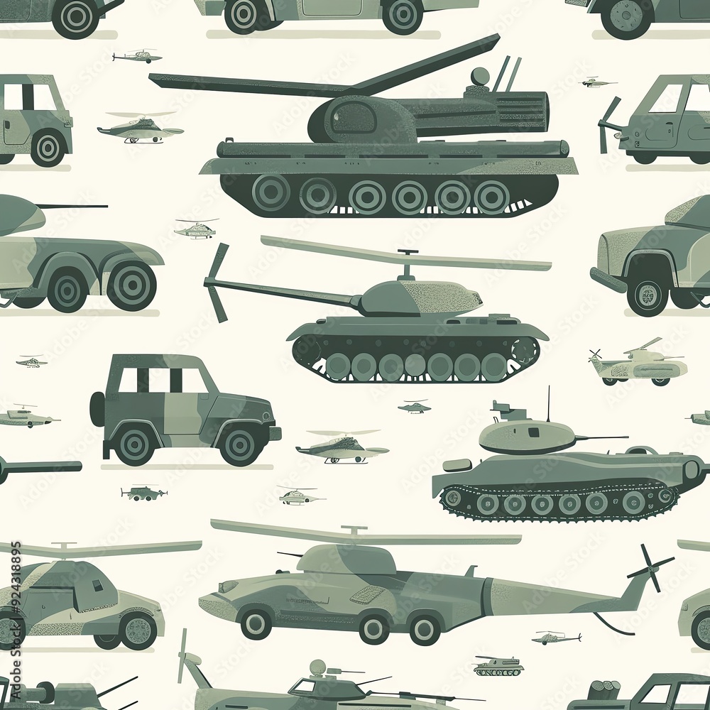 Seamless pattern of army vehicles like tanks, helicopters, and jeeps, muted green and grey tones, consistent and detailed Seamless pattern of army vehicles like tanks, helicopters, and jeeps, muted green and grey tones, consistent and detailed