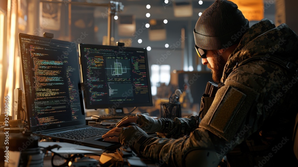 A hacker in military clothes sitting at a desk, typing on a laptop with multiple screens displaying code in the background, surrounded by tactical gear, in a room lit by natural sunlight streaming A hacker in military clothes sitting at a desk, typing on a laptop with multiple screens displaying code in the background, surrounded by tactical gear, in a room lit by natural sunlight streaming