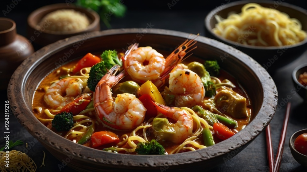 Chinese Cuisine Curry Prawns with Veggies and Noodles Chinese Cuisine Curry Prawns with Veggies and Noodles