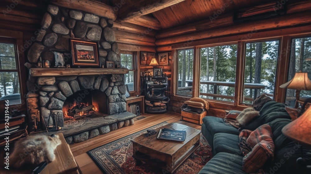 Naklejka premium Cozy Log Cabin with Fireplace and Winter View