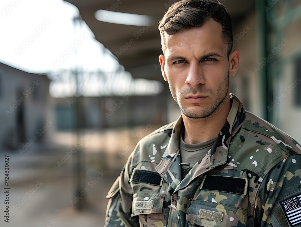 Fototapeta premium HD portrait of an army doctor with a compassionate look, camouflage uniform, field hospital setting, crisp and clear
