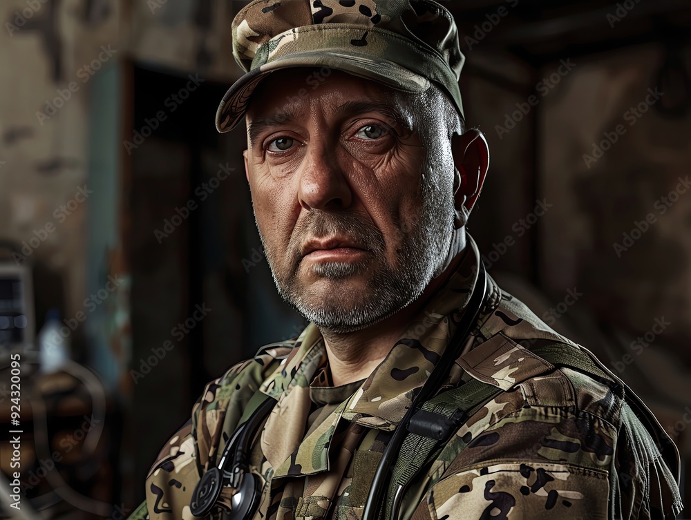 HD portrait of an army doctor with a compassionate look, camouflage uniform, field hospital setting, crisp and clear HD portrait of an army doctor with a compassionate look, camouflage uniform, field hospital setting, crisp and clear