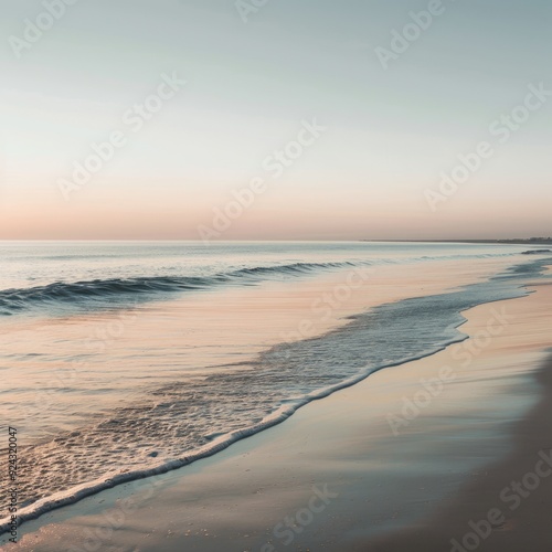 Tranquil beach scene with gentle waves lapping at the shore under a soft, pastel sky.