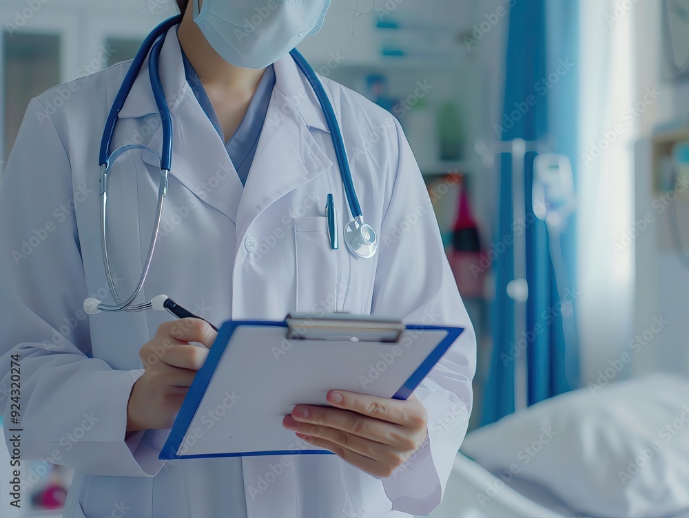 Half-body shot of a woman doctor explaining something, holding a pen and clipboard, patient room background, clear and professional Half-body shot of a woman doctor explaining something, holding a pen and clipboard, patient room background, clear and professional