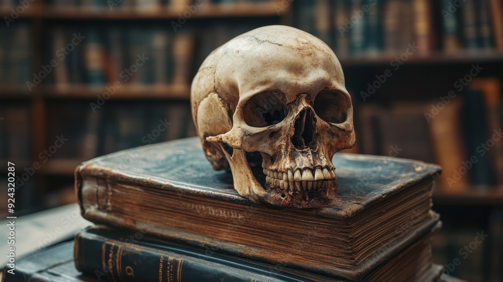 Human Skull on Antique Books in Library Human Skull on Antique Books in Library
